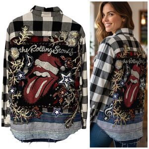 Upcycled Flannel Shirt Shacket Womens 1XL Stones Rock Band Grunge Patchwork Art
